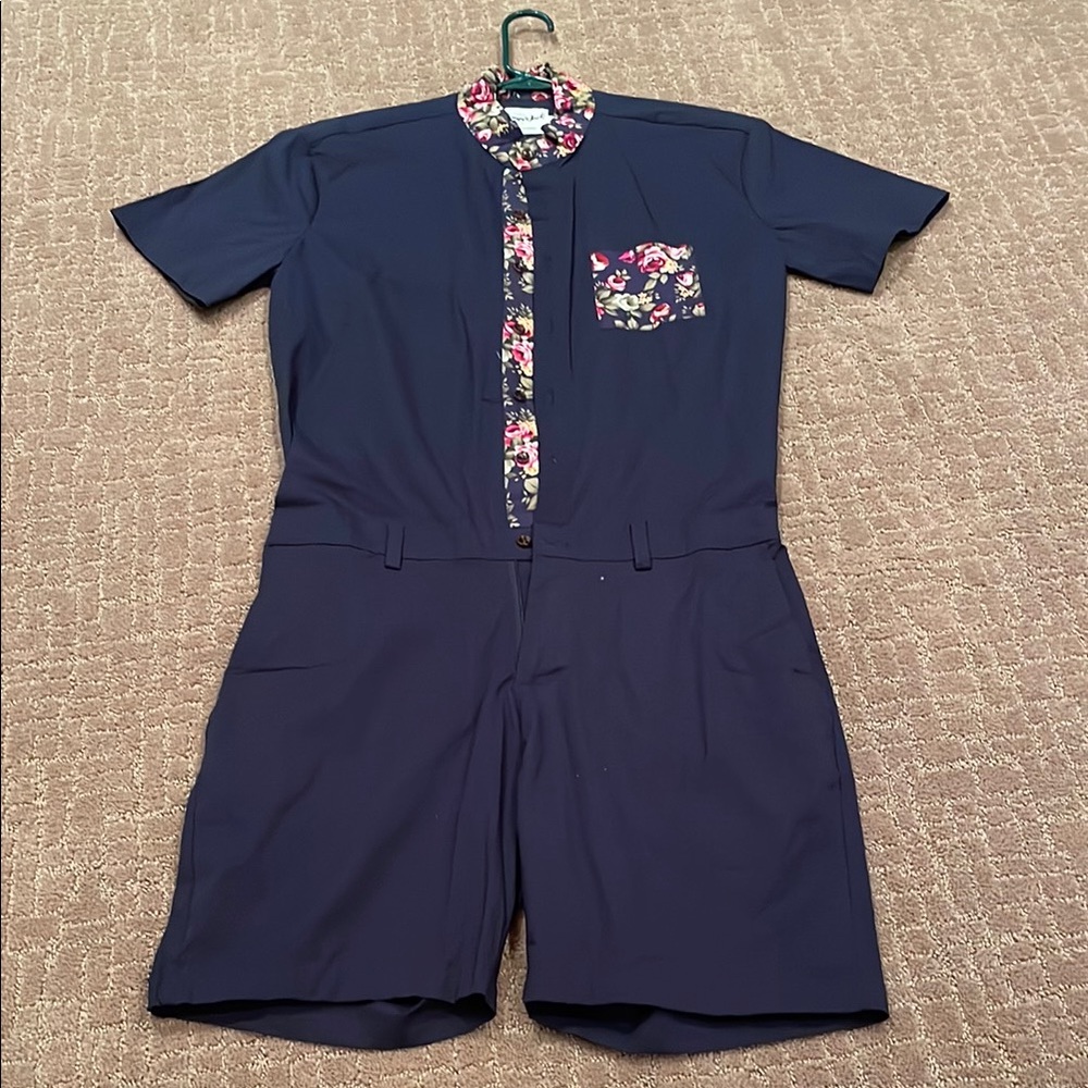 Navy Short Sleeve Romper with Floral Accents